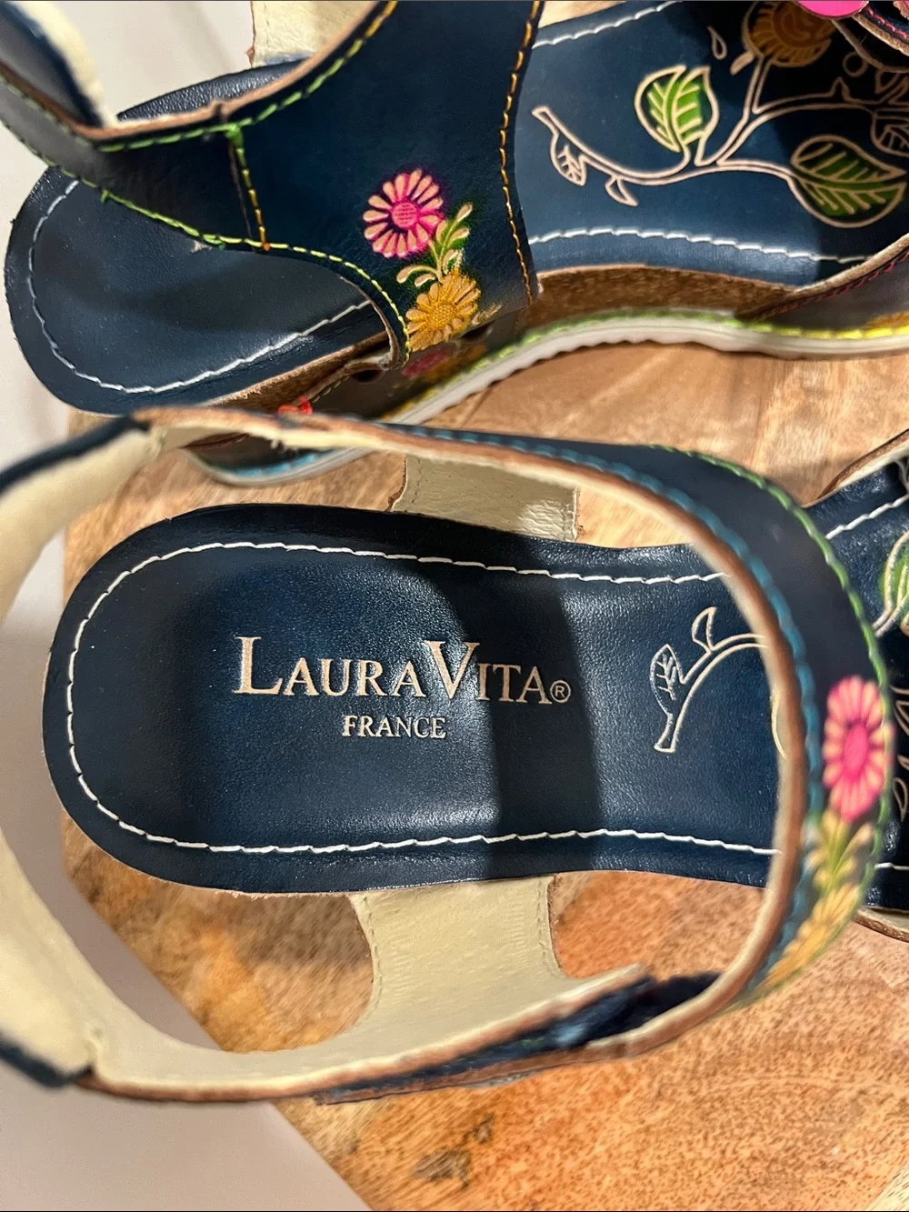Laura Vita Avita Navy Floral Wedge Sandals with Pink Flower Accent. France